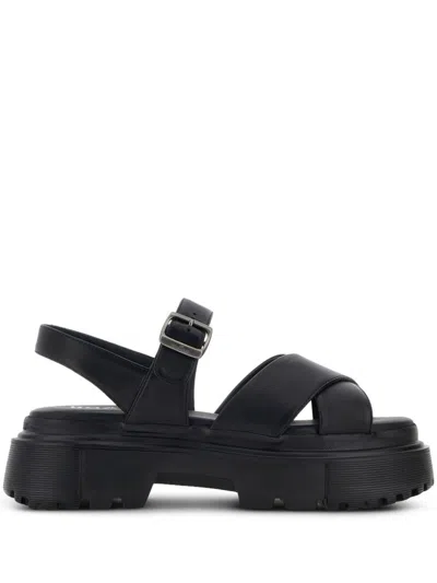 Shop Hogan Stylish Women's Black Leather Sandals With Midsole For Ss24