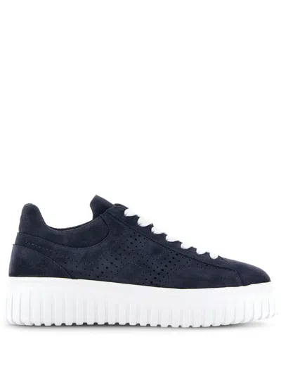 Shop Hogan Navy Blue Suede Leather Sneakers With Signature H Logo And Perforated Detailing For Men