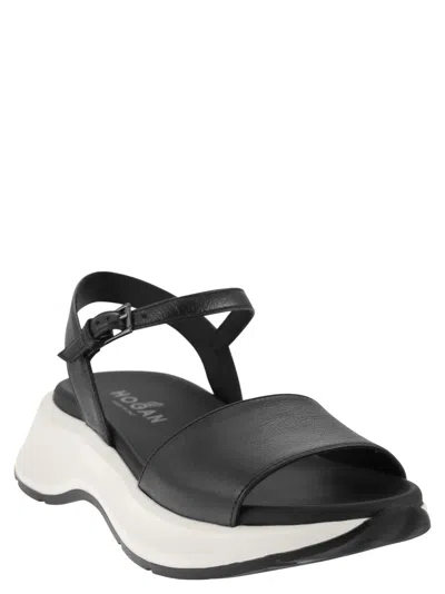 Shop Hogan Sporty Black Leather Sandals For Women