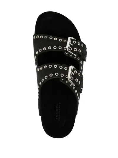 Shop Isabel Marant Black Suede Leather Sandals With Eyelet Detailing And Double Buckle Fastening