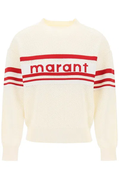Shop Isabel Marant Étoile Women's Perforated Knit Pullover With Jacquard Logo And Bicolor Bands In Multicolor