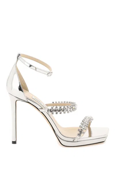 Shop Jimmy Choo Crystal-studded Adjustable Sandals For Women | Silver Platform Sandals In Grey