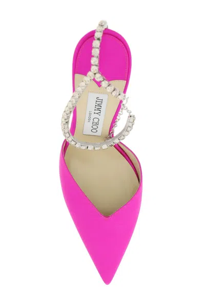 Shop Jimmy Choo Crystal-embellished Satin Pumps With Ankle Strap For Women In Fuchsia