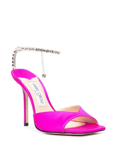 Shop Jimmy Choo Fuchsia Pink Crystal Embellished Satin Sandals For Women