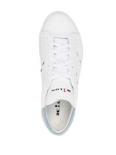 Shop Kiton Men's White Leather Sneakers With Decorative Stitching And Branded Details
