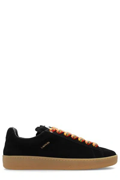 Shop Lanvin Men's Black Suede Low Top Sneakers With Multicolor Lace-up Closure