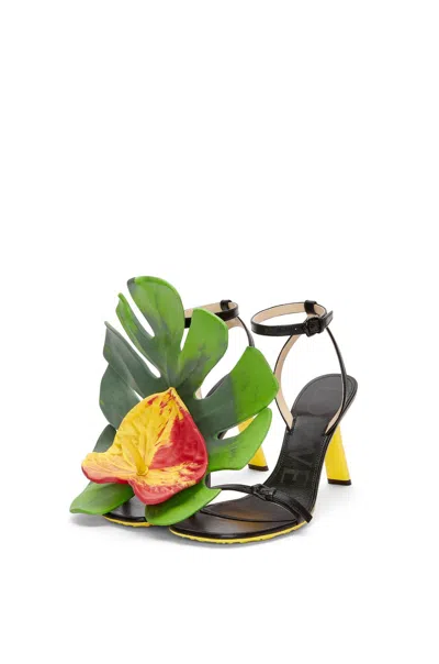Loewe Petal Monstera Leather Sandals In Black