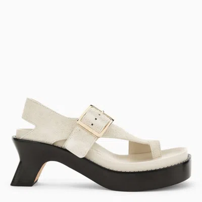 Shop Loewe Ivory Suede Heeled Slipper With Adjustable Buckle Strap For Women In White