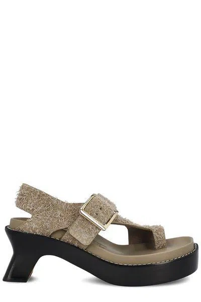 Shop Loewe Khaki Suede Heeled Toe Post Sandals With Adjustable Strap And Slanted Heel In Green