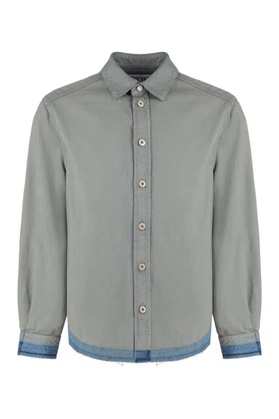 Shop Loewe Men's Grey Denim Shirt With Back Logo Patch And Frayed Hem For Fw23 In Gray
