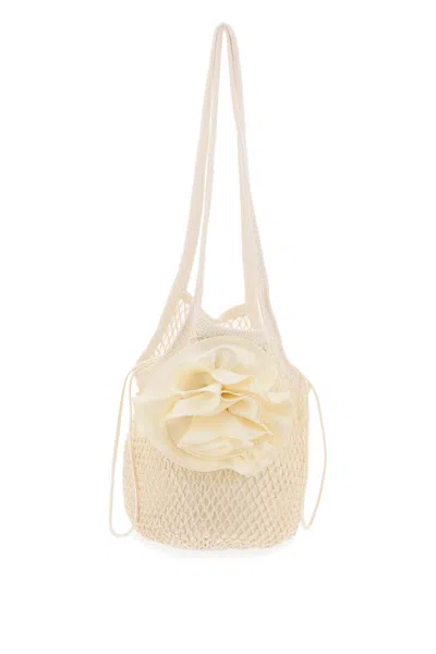 Shop Magda Butrym Crochet Knit And Leather Shoulder Handbag With Satin Flower Embellishment In Grey
