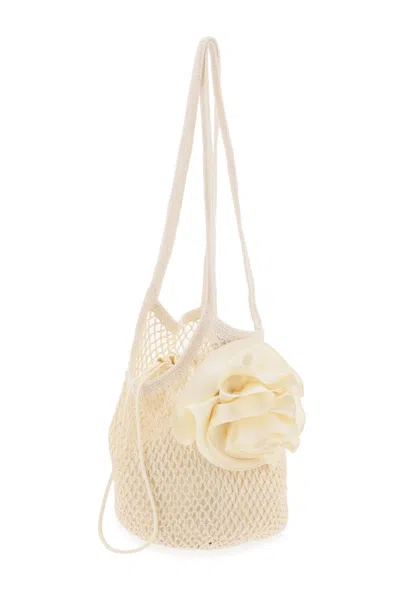 Shop Magda Butrym Crochet Knit And Leather Shoulder Handbag With Satin Flower Embellishment In Grey