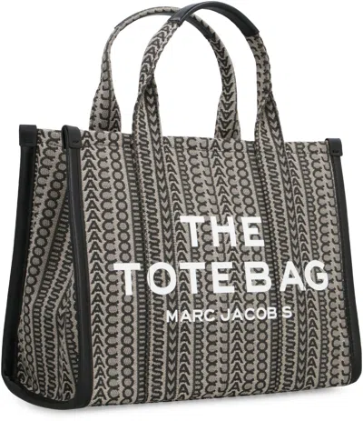 Marc Jacobs Tan Monogram Medium Cotton-blend Tote With Shoulder Strap And Zip Closure In Tan