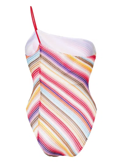 Shop Missoni Red One-shoulder Swimsuit With Asymmetric Neck And Diagonal Stripe Pattern
