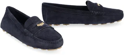 Shop Miu Miu Navy Suede Loafers With Embossed Front Logo And Round Toeline For Women In Blue