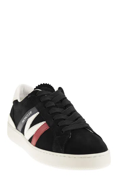 Shop Moncler Men's Suede Leather Low-cut Sneakers With Monogram Detail In Black