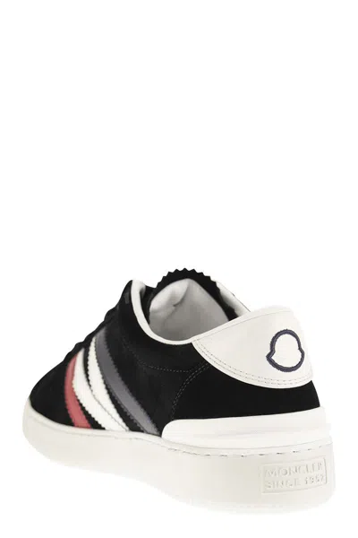 Shop Moncler Men's Suede Leather Low-cut Sneakers With Monogram Detail In Black
