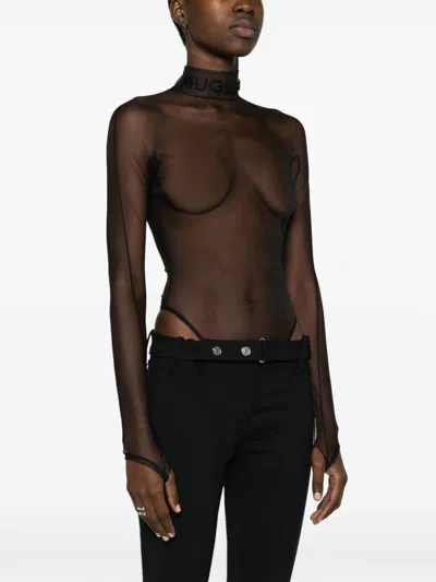 Shop Mugler Black Sheer Logo-embossed Bodysuit For Women