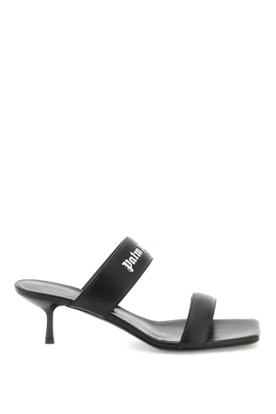 Shop Palm Angels Contrasting Embossed Logo Leather Flat Sandals For Women In Black