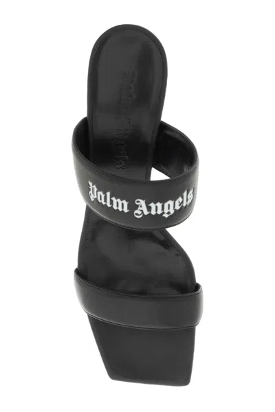 Shop Palm Angels Contrasting Embossed Logo Leather Flat Sandals For Women In Black