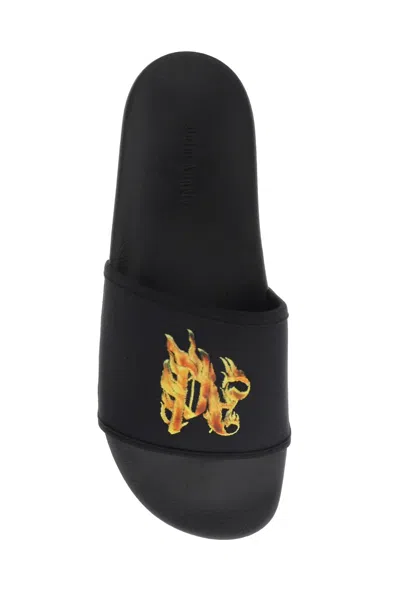Shop Palm Angels Men's Black Burning Monogram Slide Sandals For Ss24