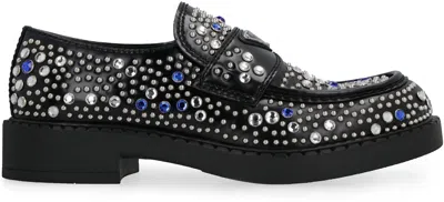 Shop Prada Black Leather Loafers With Rhinestone Embellishments For Men