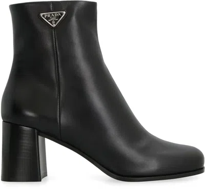 Shop Prada Black Leather Logo Detail Booties For Women