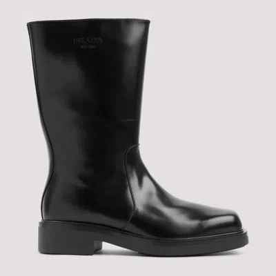 Shop Prada Sleek Black 100% Brushed Leather Men's Boots For Fw22