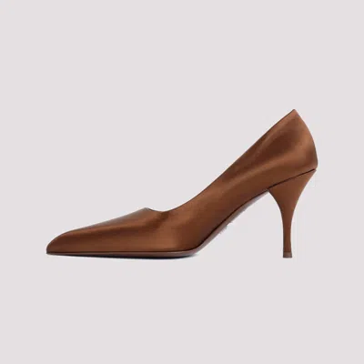 Shop Prada Women's Brown Silk Pumps With Leather Heel