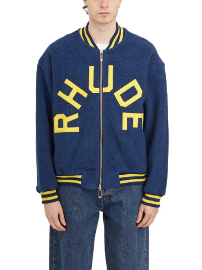 Shop Rhude Navy Oversized Wool Bomber Varsity Jacket For Men