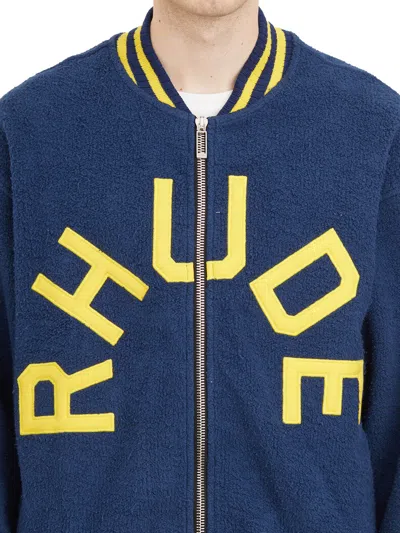 Shop Rhude Navy Oversized Wool Bomber Varsity Jacket For Men