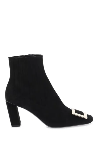Shop Roger Vivier Women's Black Suede Chelsea Boots With Iconic Metal Buckle And Zip Fastening