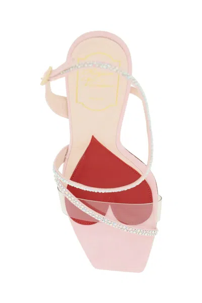 Shop Roger Vivier Pink Leather Crystal Sandals With Heart Detail And High Heel