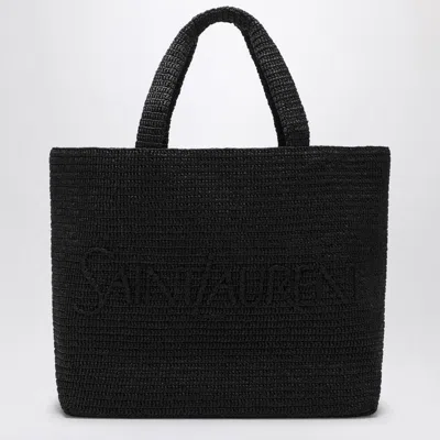 Shop Saint Laurent Black Raffia Tote Handbag Handbag With Logo