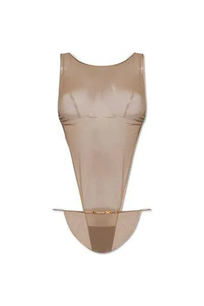 Shop Saint Laurent Beige Backless Bodysuit In Semi-sheer Stretch Silk Georgette