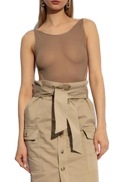 Shop Saint Laurent Beige Backless Bodysuit In Semi-sheer Stretch Silk Georgette