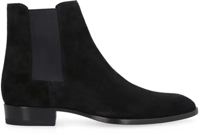 Shop Saint Laurent Men's Black Suede Chelsea Boots With Elastic Inserts