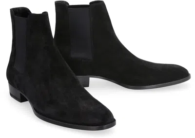 Shop Saint Laurent Men's Black Suede Chelsea Boots With Elastic Inserts