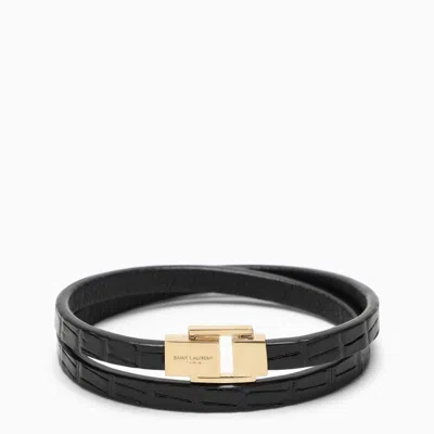 Shop Saint Laurent Black Leather Bracelet With Double Twist Design And Metal Clasp For Women