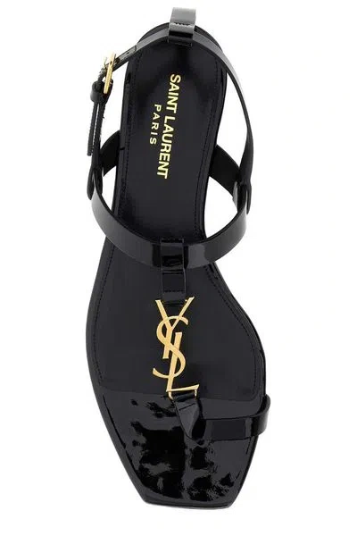 Shop Saint Laurent Black Patent Leather Sandal With Metallic Ysl Logo