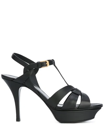 Shop Saint Laurent Black Leather Open Toe High Heel Sandals For Women
