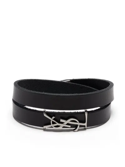 Shop Saint Laurent Black Leather Opyum Double-wrap Bracelet For Men
