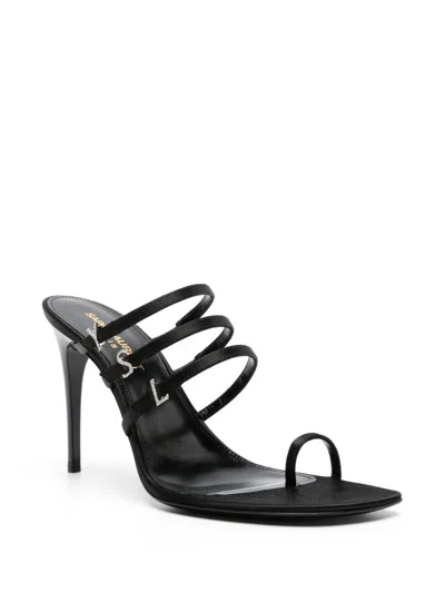 Shop Saint Laurent Black Satin Crystal Embellished Square Open Toe Stiletto Heel Sandals