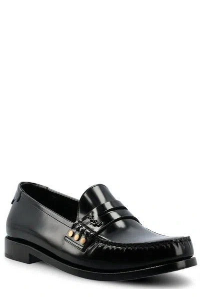 Shop Saint Laurent Men's Black Brushed Leather Loafers For Fw24