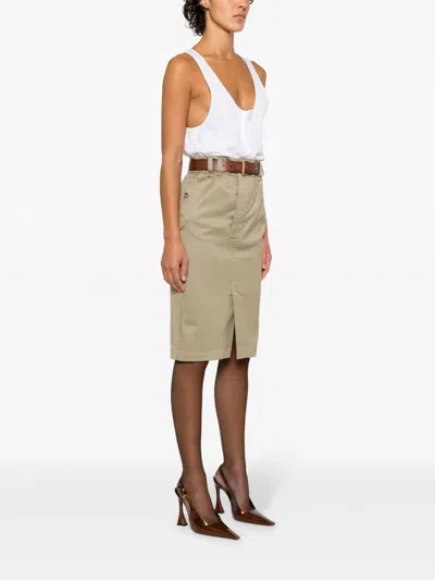 Shop Saint Laurent Cotton Midi Skirt In Beige