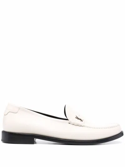 Shop Saint Laurent Men's White Leather Loafers With Silver-tone Logo Plaque