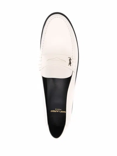 Shop Saint Laurent Men's White Leather Loafers With Silver-tone Logo Plaque