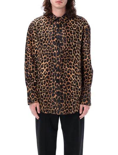 Shop Saint Laurent Shirt In Leopard Silk Taffeta In Teal
