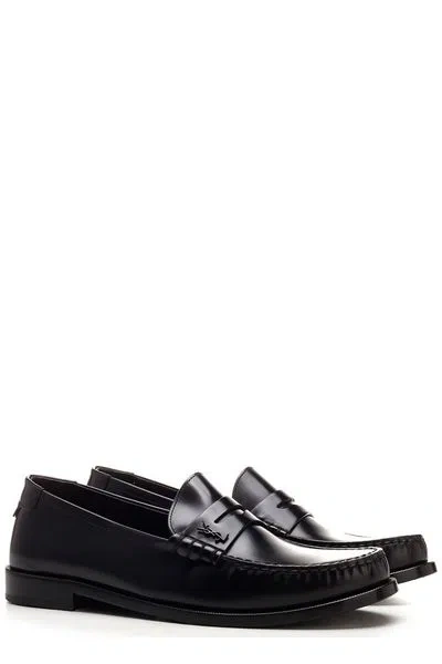 Shop Saint Laurent Slate Grey Penny Loafers For Men In Black