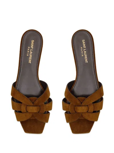 Shop Saint Laurent Suede Calfskin Square Toe Sandals For Women In Brown